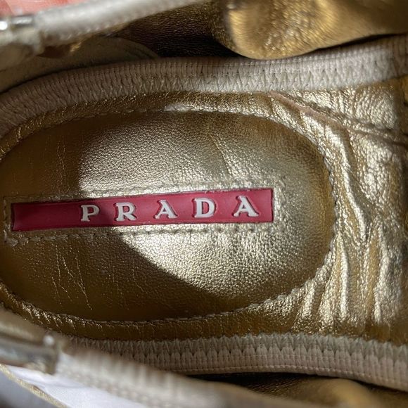 PRADA Leather & Nylon Scrunch Ballet Flats Shoes - Gold and Cream - Size 36 - Picture 10 of 11